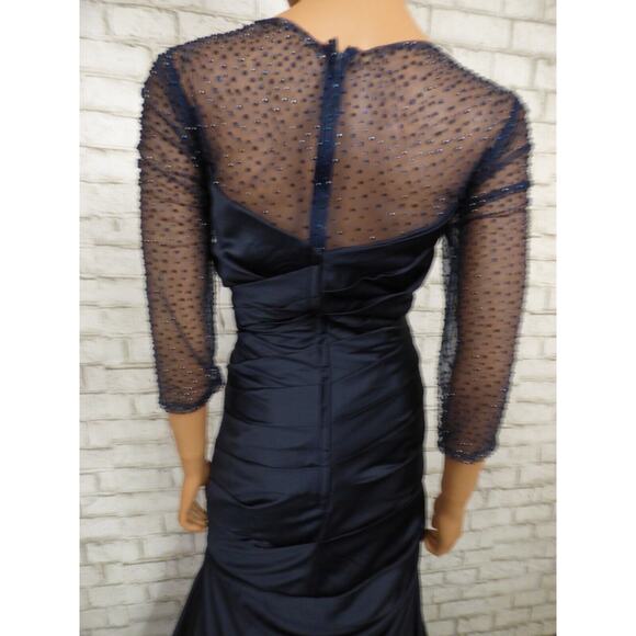 $558 La Femme 30138 Navy Blue Satin Ruched Trumpet Illusion Gown 12 NEW - Picture 14 of 16